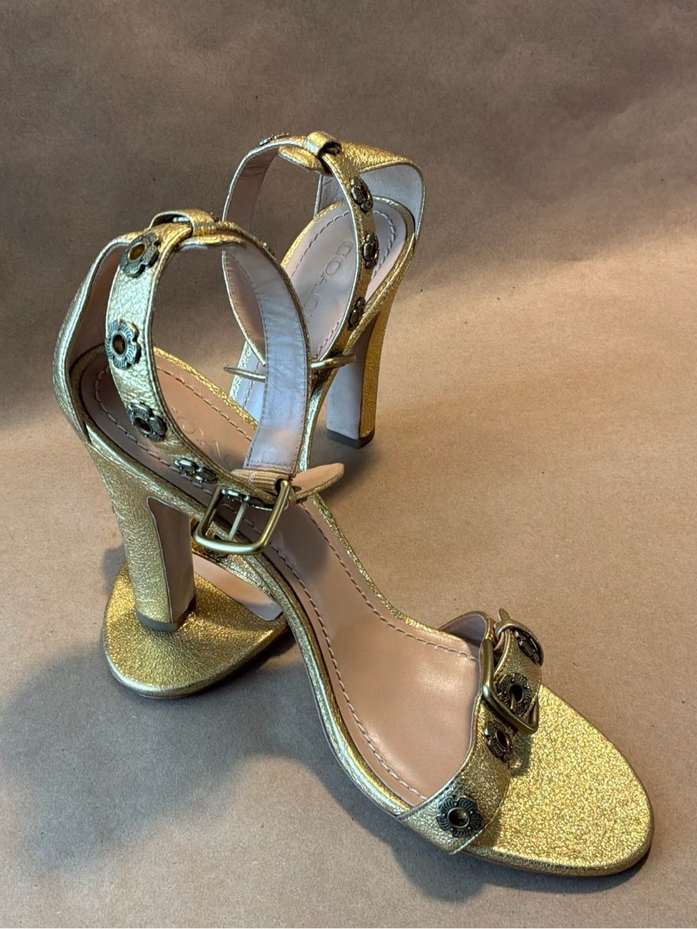 Elizabeth Coach Floral Metallic Gold Ankle Strap Block Heels Womens Size 10